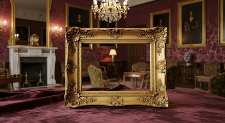 Ornate Golden Picture Frame Displaying Glimpse of Elegant Room with Portraits and Fireplace