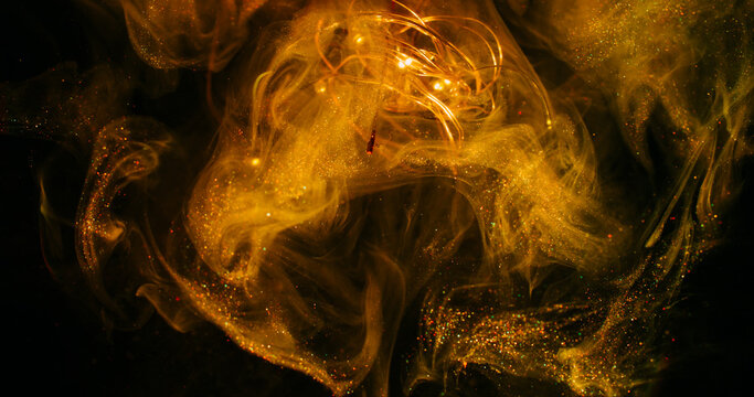 Defocused sparkling flow. Light bulb night. Yellow blob golden paint. Glitter color particles swirl on garland black abstract background. - Powered by Adobe