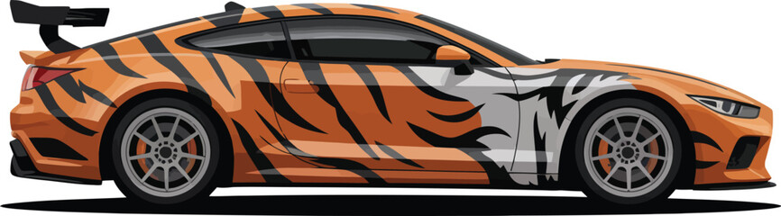 Vector illustration of a modern performance race car featuring a bold orange and white tiger stripe livery with a fierce animal head graphic