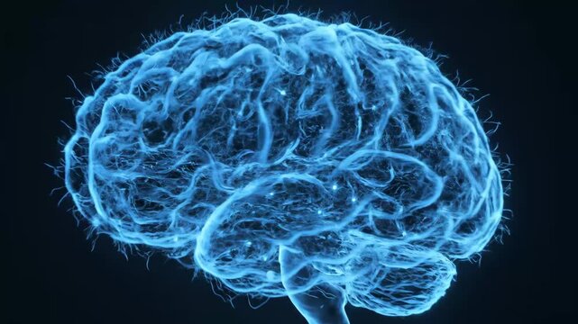 Human Brain Visualization - This stock video shows a visual representation of a human brain. It has a glowing, translucent blue texture against a dark background, with abstract patterns mimicking