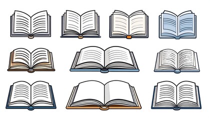 Assortment of illustrated open books, showing various page designs and bindings