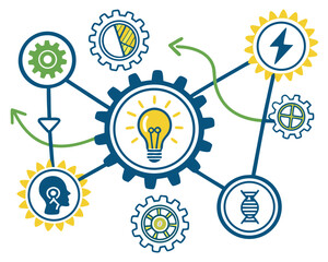 Illustration of interconnected gears and symbols representing innovation