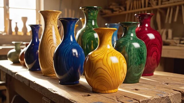 Colorful Wooden Vases on Workbench - A selection of brightly colored, glossy wooden vases are displayed in a row on a worn wooden workbench.