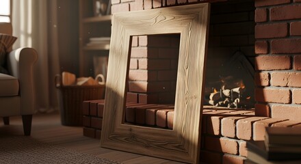 Rustic Wooden Picture Frame Resting Against a Cozy Brick Fireplace with Flickering Flames and Warm Sunlight Streaming In