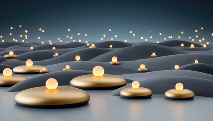 Illuminated golden orbs rest on abstract grey landscape with bokeh lights.
