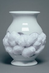 White ceramic vase adorned with fluffy white pom poms.