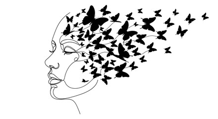 Elegant vector illustration of a woman's face transforming into butterflies