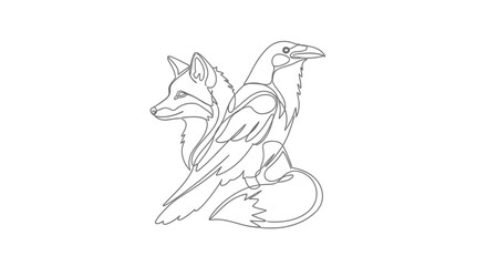 Obraz premium Stylized vector illustration of a fox and raven duo art drawing