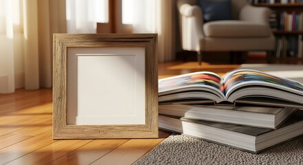 Warmly Lit Living Room Featuring An Empty Picture Frame And Stacked Books On A Rug Near A Window With Sunlight Streaming Through