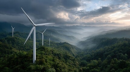 aerial view of a wind farm at sunset