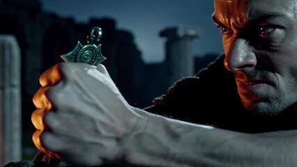 Dark Night Adventure Unfolds as the Hero Grips a Mysterious Artifact in a Desolate Landscape Generative AI