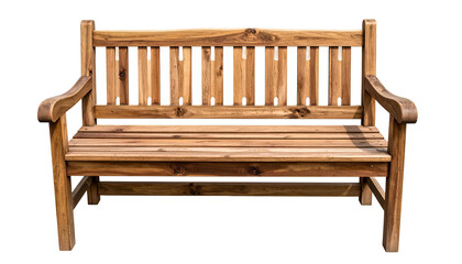 A wooden park bench with back and armrests, isolated on a black background