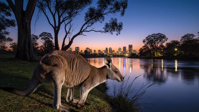 Kangaroo Drinking at Dusk with City Skyline - A kangaroo drinks from a river bank at dusk with a city skyline in the background.