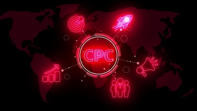 Neon CPC concept with icons of growth chart, target, rocket, megaphone and people on world map background