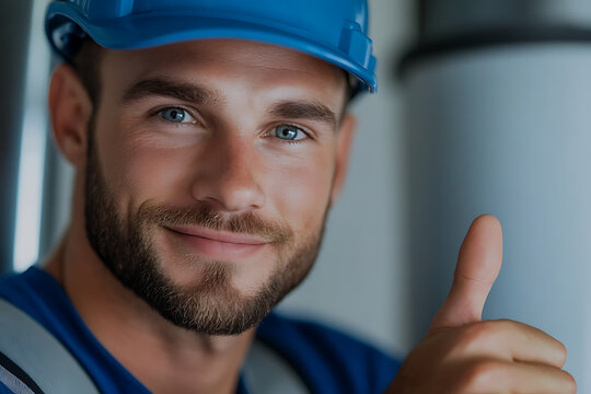 Professional tradesman in blue hardhat gives a thumbs-up for quality service. Trust, reliability, and expertise embodied in a single gesture of approval.