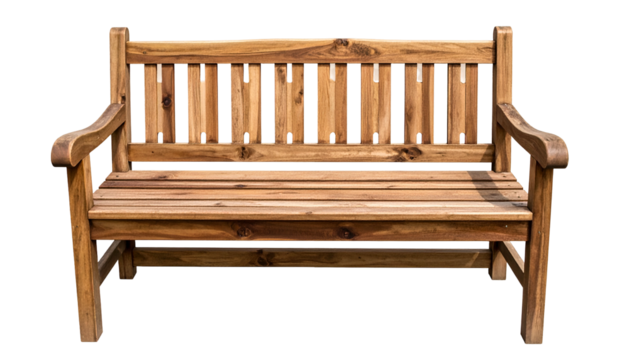 A wooden park bench with back and armrests, isolated on a black background
