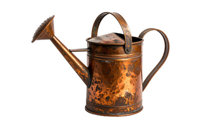 Aged copper watering can with a long spout, loop handle, and dark mottled finish