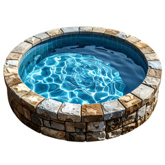 A round outdoor pool with a stone wall surround, water shimmering blue