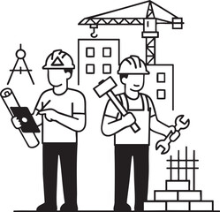 Dynamic illustration of construction professionals, including an engineer reviewing blueprints 