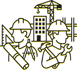 Construction Crew Icon Set Engineers with Building Plans & Tools