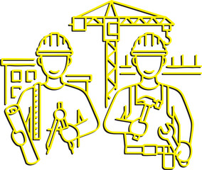 Construction workers with tools and blueprints, engineering and architecture industry