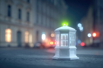 White illuminated kiosk with green light stands on street at night.