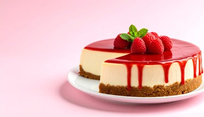 Rich slice of creamy cheesecake with fresh raspberries decorated on a soft pink background