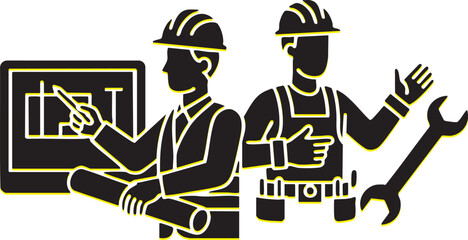 Illustrations of two male construction workers in hard hats, one holding blueprints and pointing, the other with tools and a wrench, representing engineering and building industries