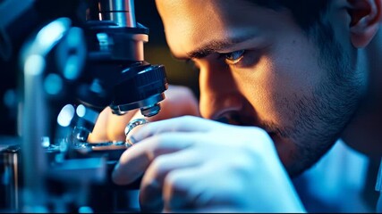 A focused scientist examines a specimen under a microscope.
