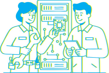 Dedicated tech specialists engaged in meticulous electronic device repair and system optimization, utilizing tools and digital interfaces for efficient problem-solving in a technical environment