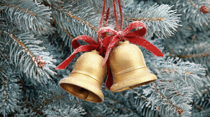 Golden bell ornaments tied with festive red ribbon resting on frosted pine branches creating classic christmas decoration in ultra-realistic close-up detail