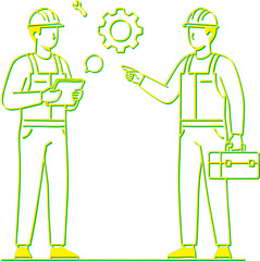 Construction Workers Discussing Engineering and Maintenance Plans with Tools