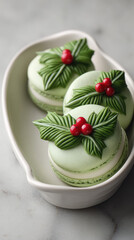 Holly leaf themed macarons with green icing and red berry details arranged on elegant white ceramic dish creating festive christmas dessert presentation