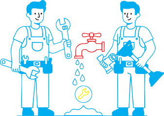 Two Cartoon Plumbers Working Together Fixing a Leaky Faucet with Tools and Supplies