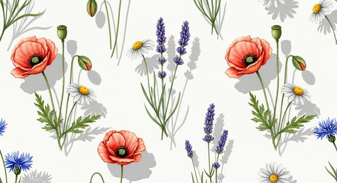 A seamless pattern with watercolor illustrations of poppies, lavender, and daisies on white