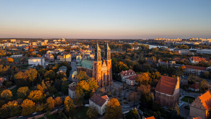 Aerial drone view of Cathedral Basilica of Saints Peter and Paul in Poznan. Ostrow Tumski	