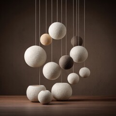 Spherical ornaments and vases hang on strings, arranged above a wooden surface.
