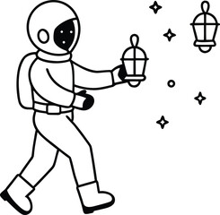 Astronaut Carrying Glowing Lanterns Coloring Page Illustration on Transparent Background