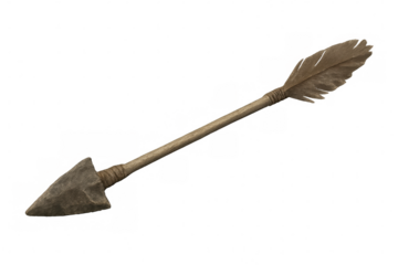 Primitive hunting arrow with stone arrowhead and feather fletching for ancient survival and archery concepts
