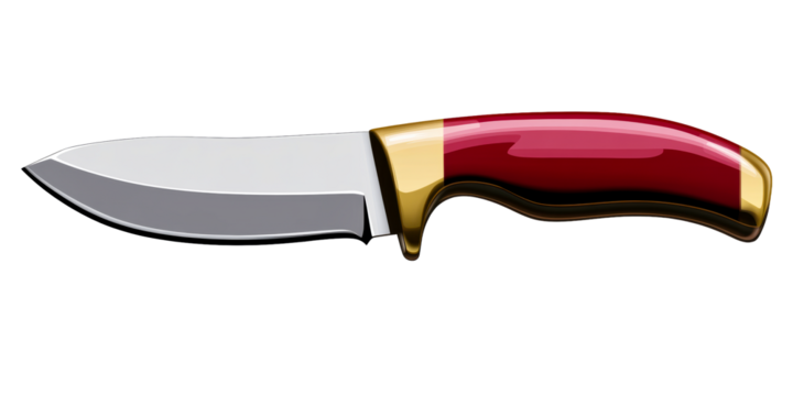 Outdoor utility hunting knife with polished blade and ornate handle, cut out transparent