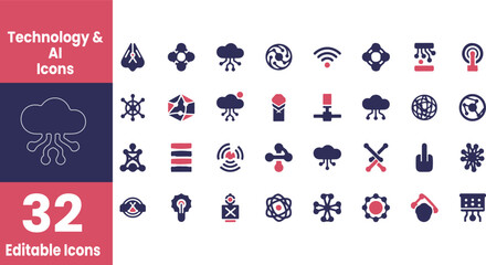 Collection of 32 editable technology and ai icons in silhouette style isolated on transparent background