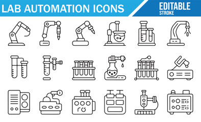Minimal Lab Automation Icons — Robotic Arms, Pipettes, Tubes, Analyzers