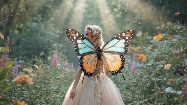 Ethereal Woman with Majestic Butterfly Wings in a Sun-Drenched Enchanted Garden Meadow, Bathed in Golden Light and Blooming Flowers, Whimsical Fant...
