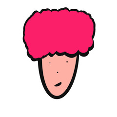 Abstract illustration of a person with bright pink curly hair and simple facial features