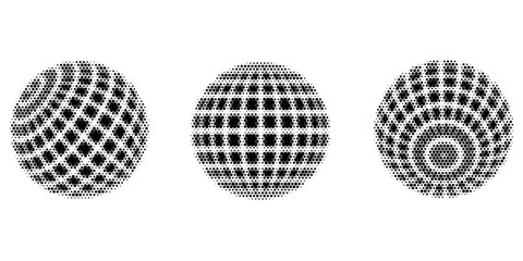 Black disco ball set. Collection of wireframe spheres in different angles. Grid globe or planet bundle. Outline mirrorball element pack for poster, banner, music cover, party. Vector illustration © Dul