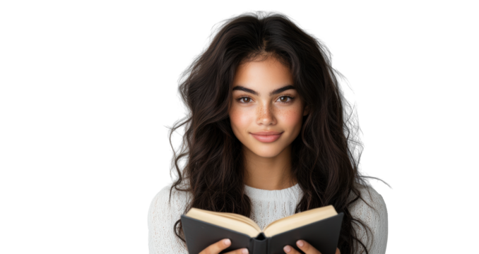 Woman reading book, smiling on transparent background