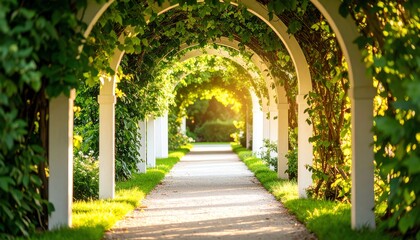 Obraz premium Charming pathway winding through a vibrant garden surrounded by lush foliage and sunlight