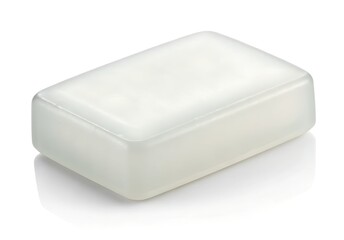 A clean white bar of soap on a white background with a soft shadow