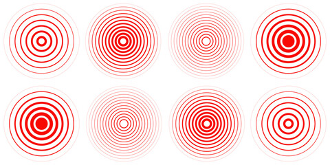 Red concentric ripple circles set. Sonar or sound wave rings collection. Epicentre, target, radar icon concept. Radial signal or vibration elements. Halftone vector illustration