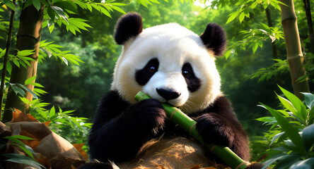 Fototapeta premium Adorable Panda Eating Bamboo in Lush Green Forest